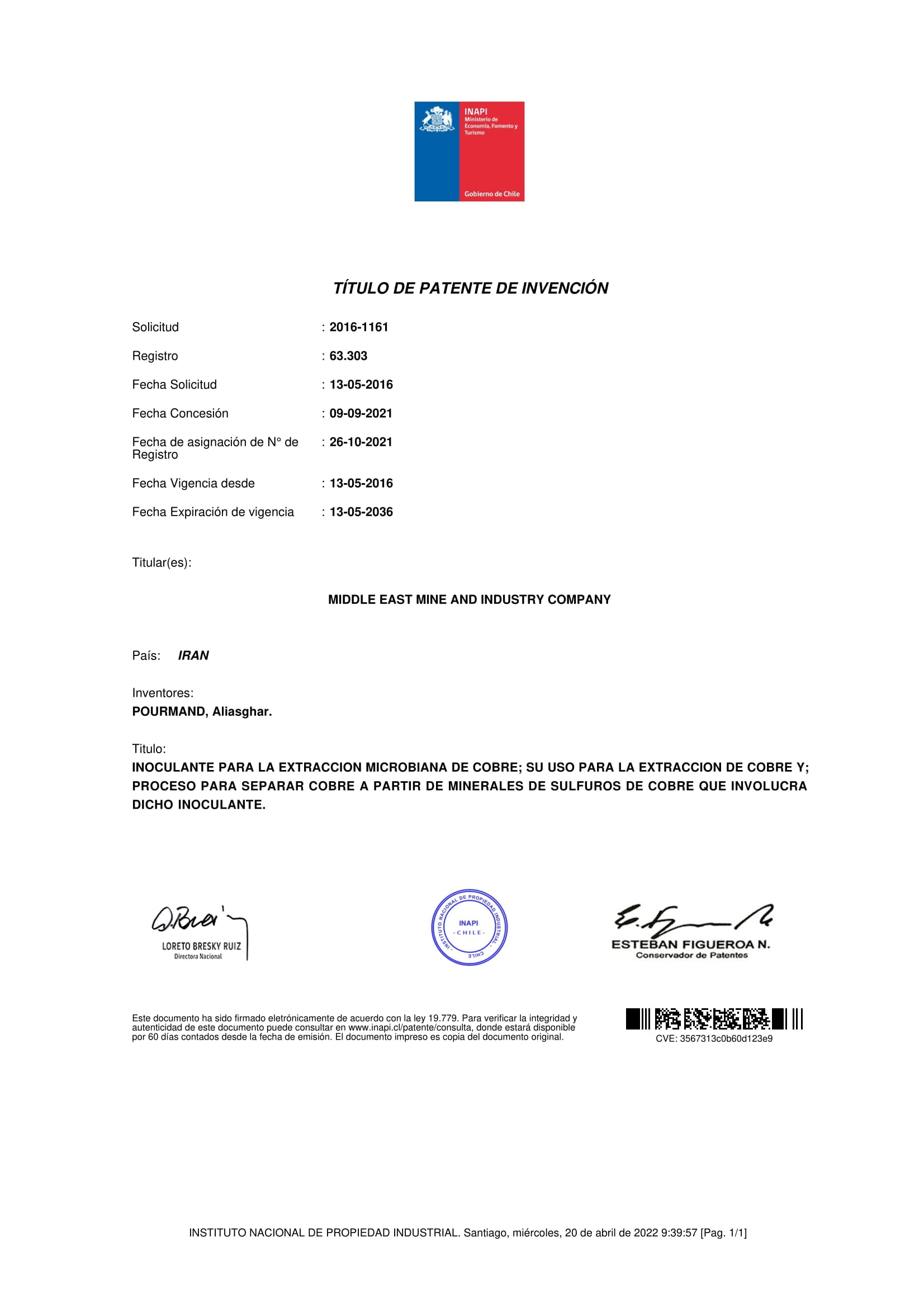 Chilean Patent Certificate Chilean Patent Certificate